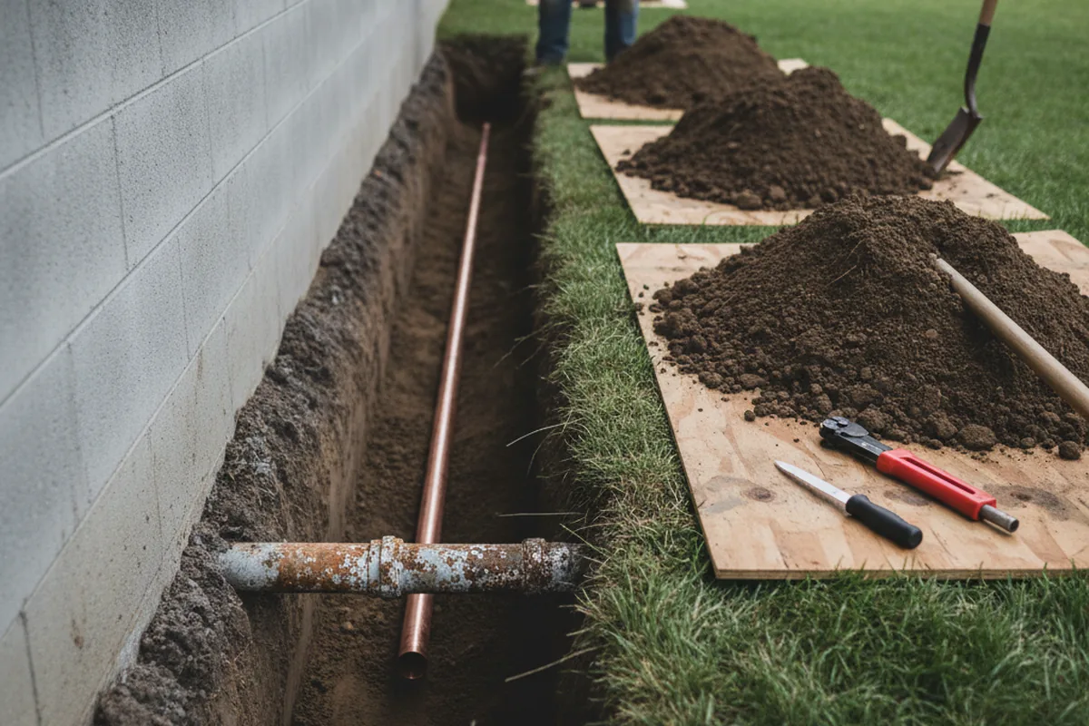 Excavated water line trench during Water Softener Installation in Purdy